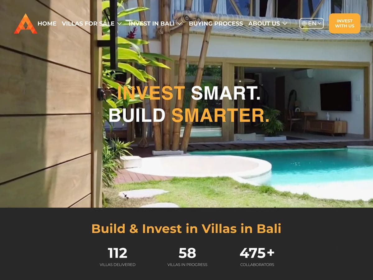 Alpha Partner Bali homepage: Invest Smart, Build Smarter, over a villa pool, with delivery figures below