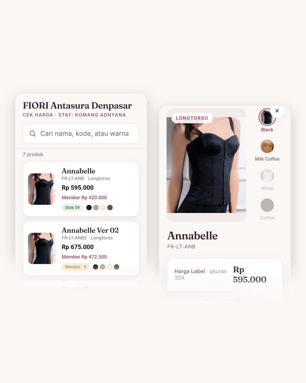 Two screens from the FIORI staff app: the price-check product list with stock badges, and a product detail showing the member price