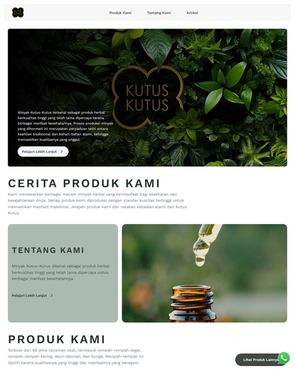 Kutus Kutus website showing the herbal balm oil product range
