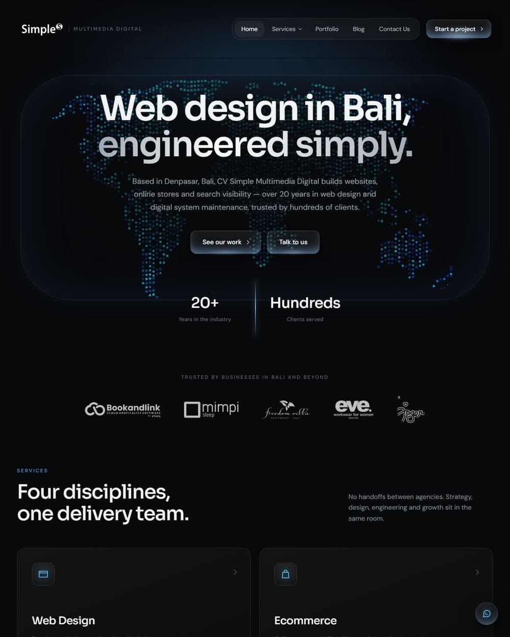 The simple.web.id homepage: Web design in Bali, engineered simply, over a dotted world map