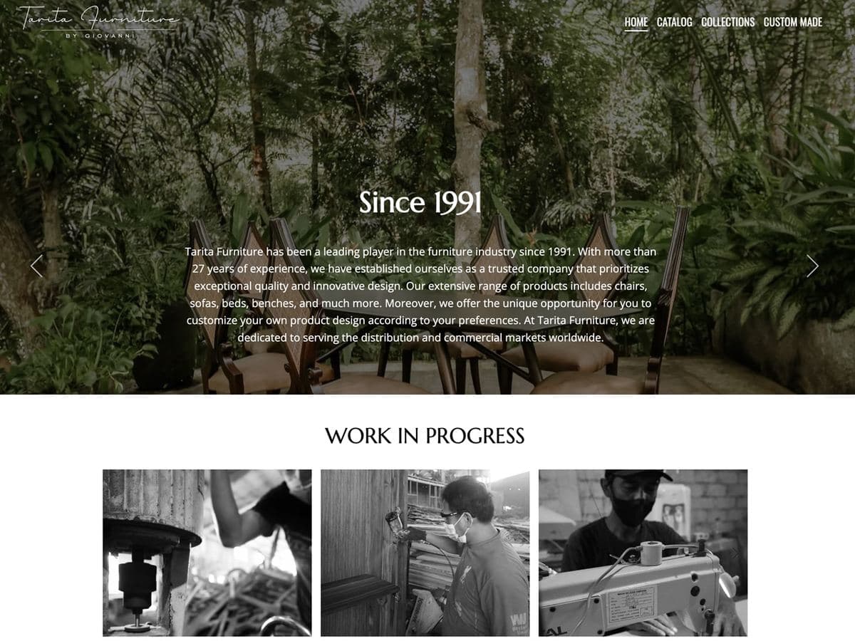 Tarita Furniture homepage: since 1991, over a workshop and finished pieces