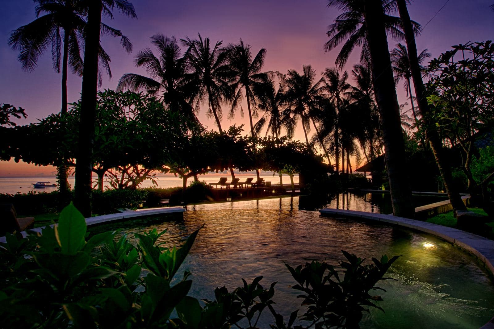 A garden pool at first light, coconut palms in silhouette against a violet and orange sky, the lit water running towards the sea