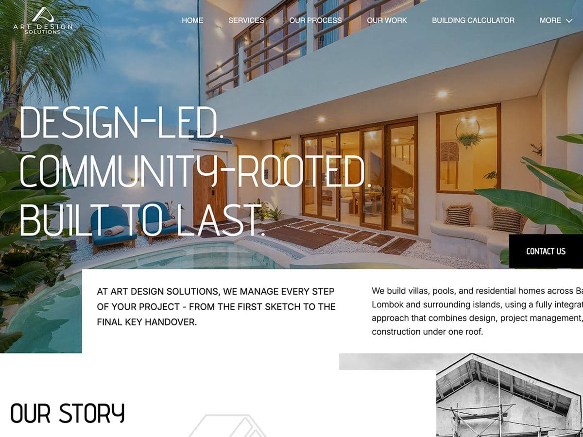 Art Design Solutions homepage: Design-led, community-rooted, built to last, over a villa under construction