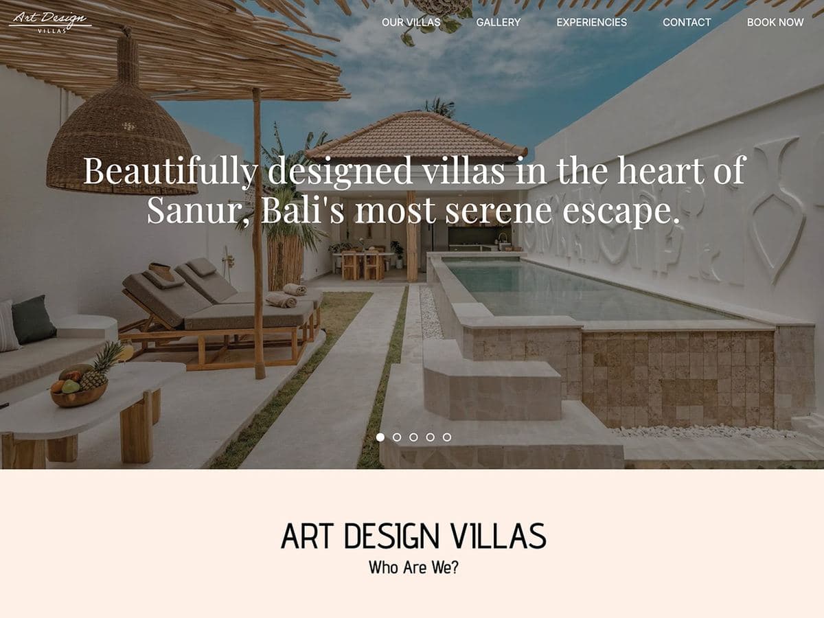 Art Design Villas homepage: beautifully designed villas in the heart of Sanur, over a villa courtyard and pool