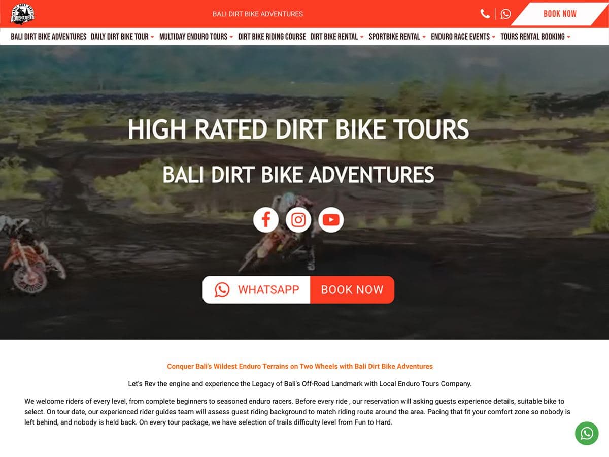 Bali Dirt Bike Adventures homepage: high rated dirt bike tours, with a rider on a jungle track