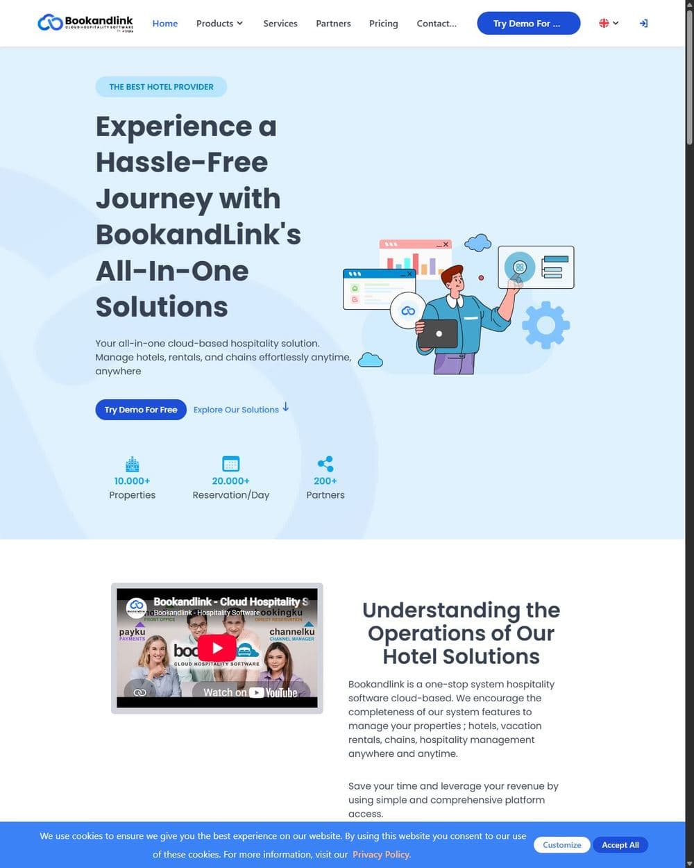 BookandLink hospitality software landing page describing its all-in-one platform