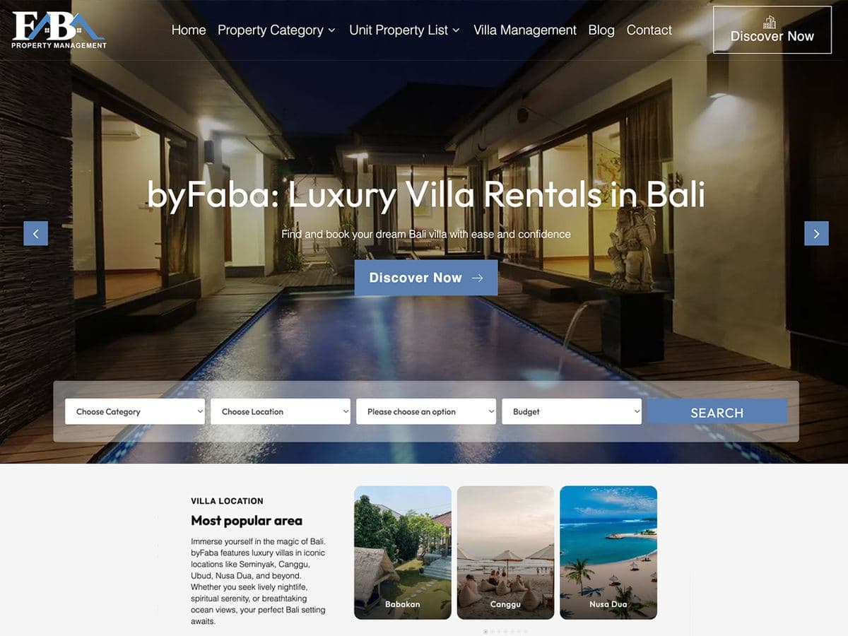 byFaba homepage: luxury villa rentals in Bali, with a search bar for category, location and budget