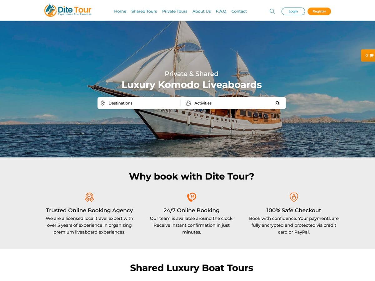 Dite Tour homepage: private and shared luxury Komodo liveaboards, with a phinisi boat under sail and a destination search
