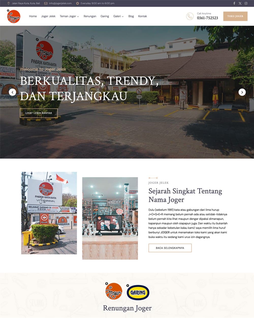 Joger Jelek homepage: Berkualitas, Trendy, dan Terjangkau, with the brand's signature typography