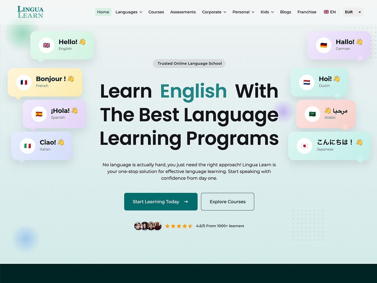 Lingua Learn homepage: learn English with the best language learning programs, surrounded by greetings in several languages
