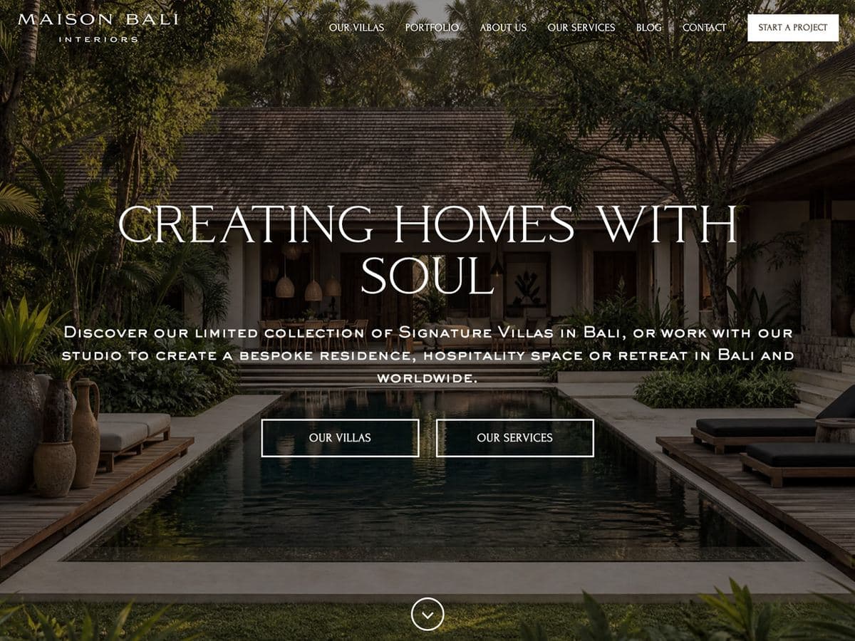 Maison Bali Interiors homepage: Creating homes with soul, over a villa pool at dusk