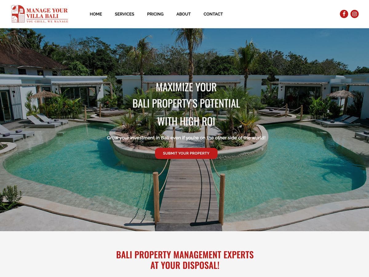 Manage Your Villa Bali homepage: maximize your Bali property's potential with high ROI, over a villa pool