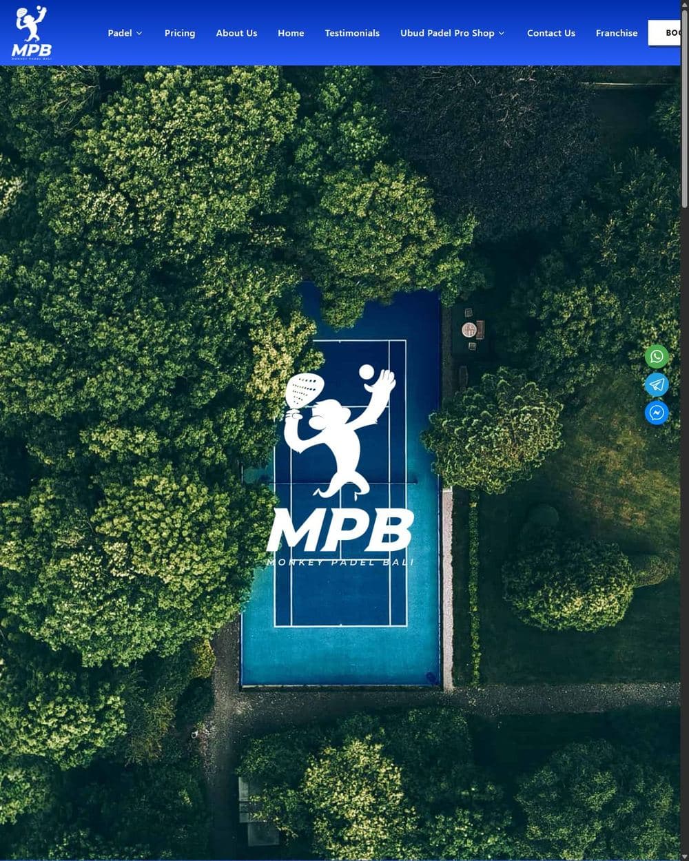 Monkey Padel Bali website with an aerial view of the padel court in Ubud