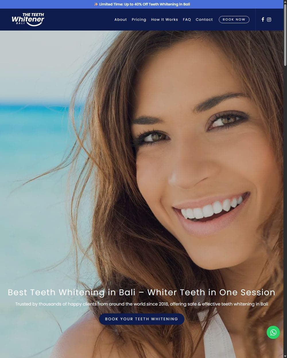 The Teeth Whitener Bali homepage promoting one-session whitening
